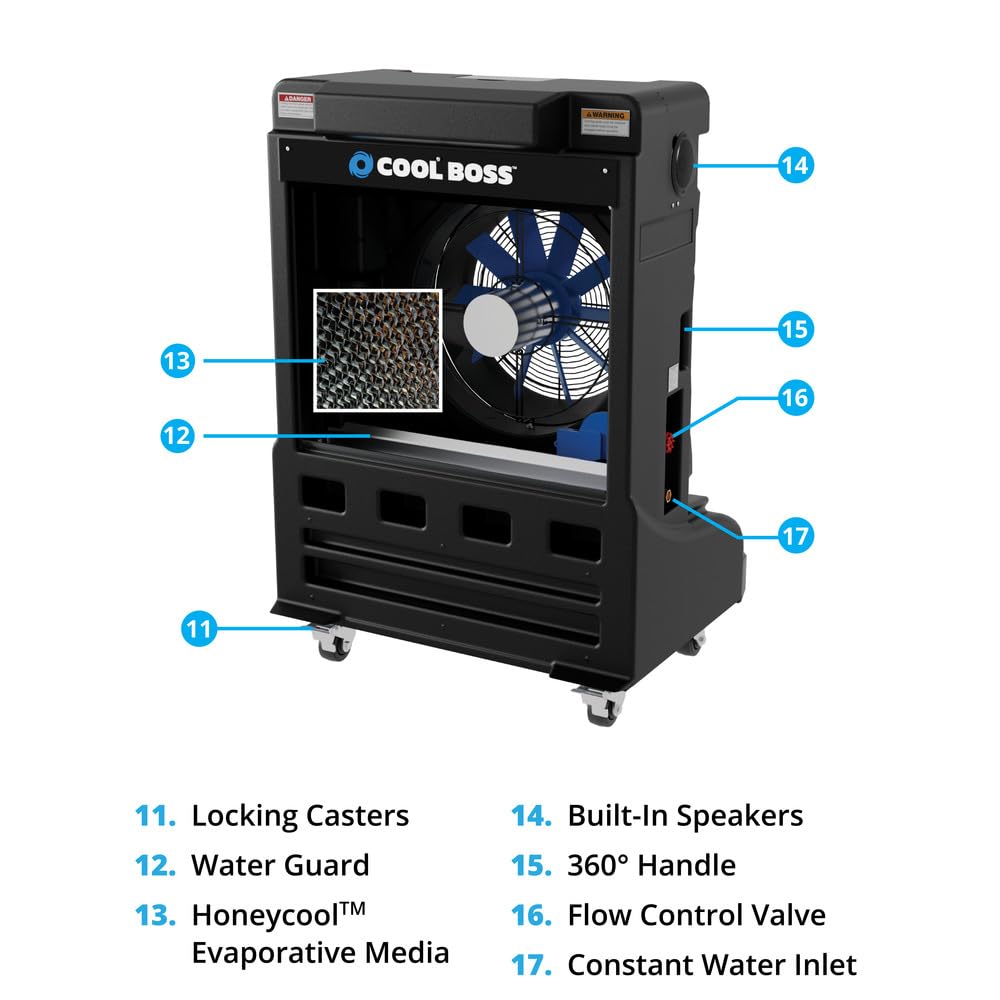 BendPak Cool Boss CoolBlast Evaporative Air Cooler, 80-Gallon Tank, 10,645 CFM, Covers 2,125 Sq. Ft., Remote Control, HDPE Housing, Built-in Timer, Indoor/Outdoor Use for Garage, Patio, Commercial - Image 4