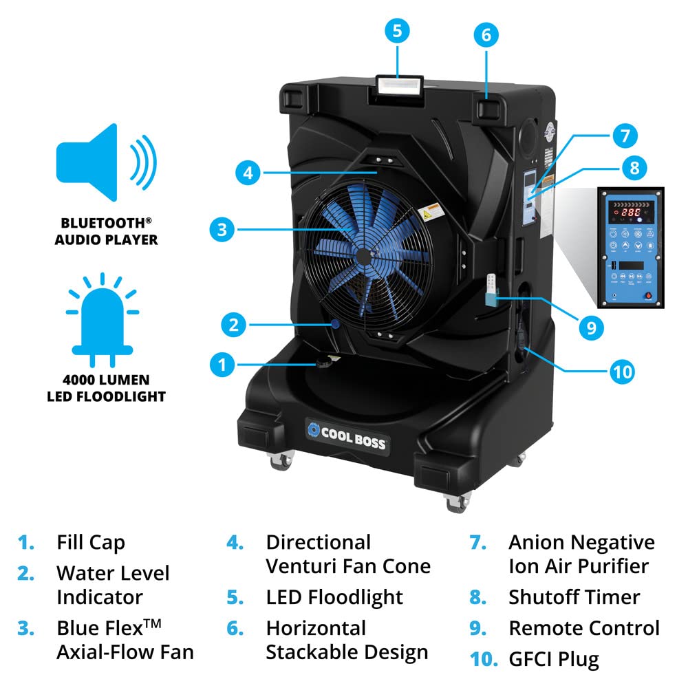 BendPak Cool Boss CoolBlast Evaporative Air Cooler, 80-Gallon Tank, 10,645 CFM, Covers 2,125 Sq. Ft., Remote Control, HDPE Housing, Built-in Timer, Indoor/Outdoor Use for Garage, Patio, Commercial - Image 5